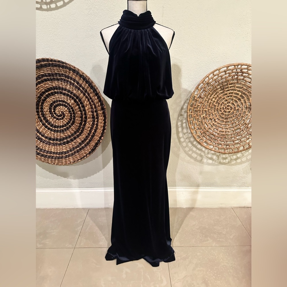 Navy Blue Velvet Evening Gown